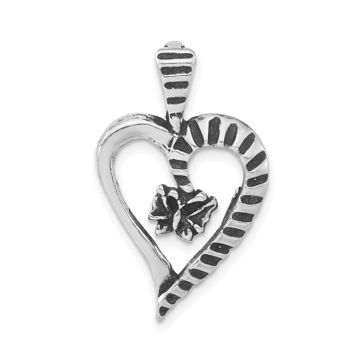Sterling Silver Heart Pendant with Striped Texture and Rose Flower Accent