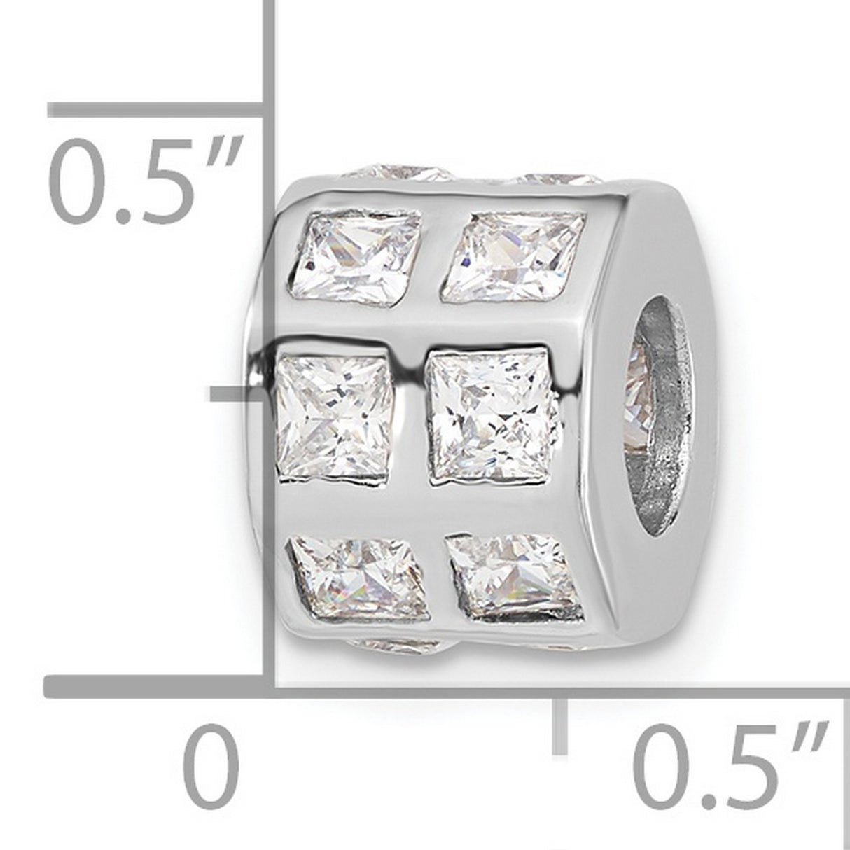 Sterling Silver Charm Bead with Cubic Zirconia, Grid Pattern, Modern Design