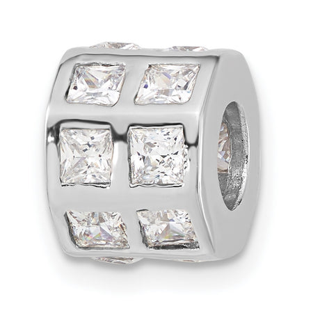Sterling Silver Charm Bead with Cubic Zirconia, Grid Pattern, Modern Design