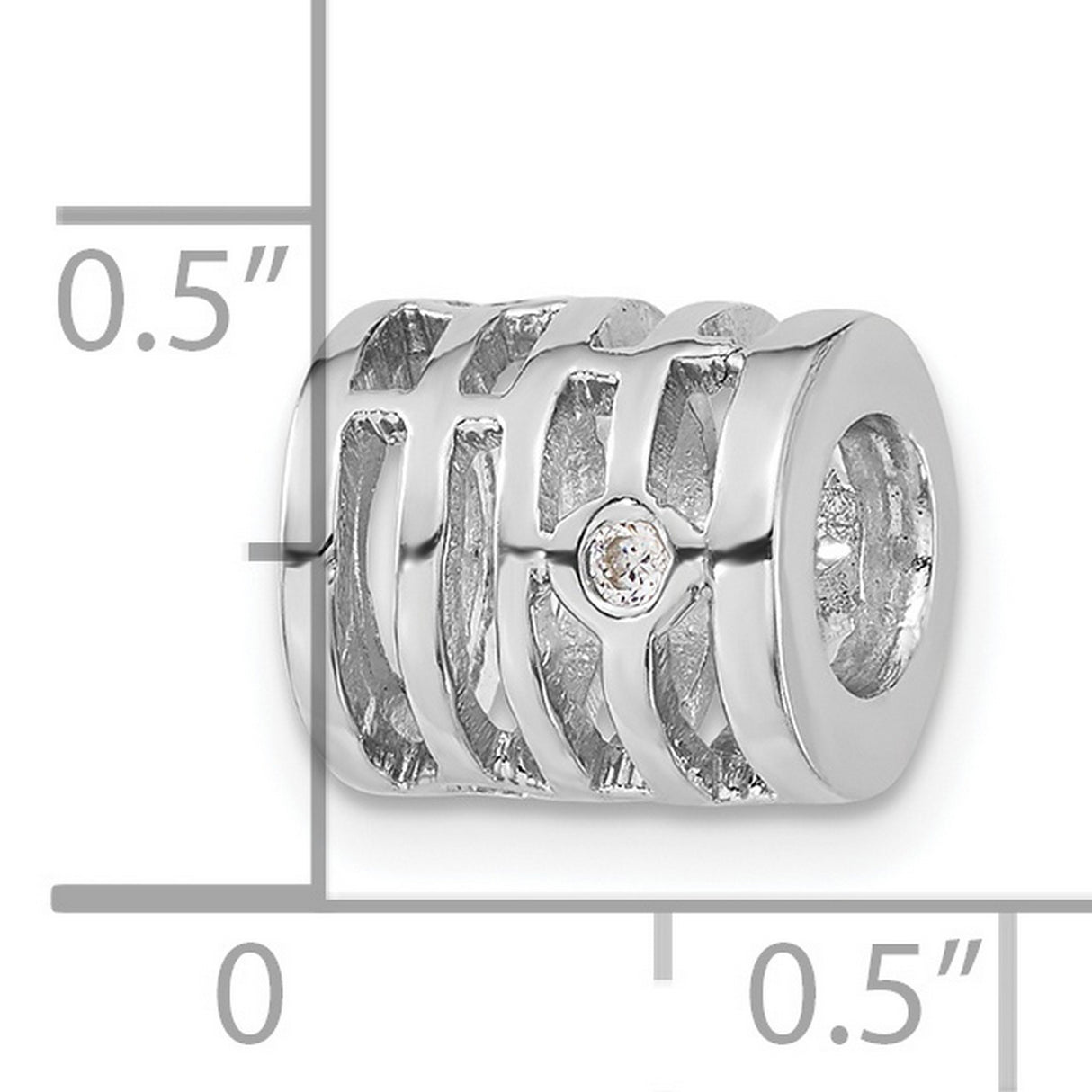 Sterling Silver Charm Bead with Cubic Zirconia, Openwork Linear Design, Modern Minimalist Style