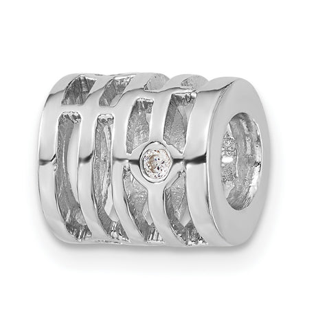 Sterling Silver Charm Bead with Cubic Zirconia, Openwork Linear Design, Modern Minimalist Style