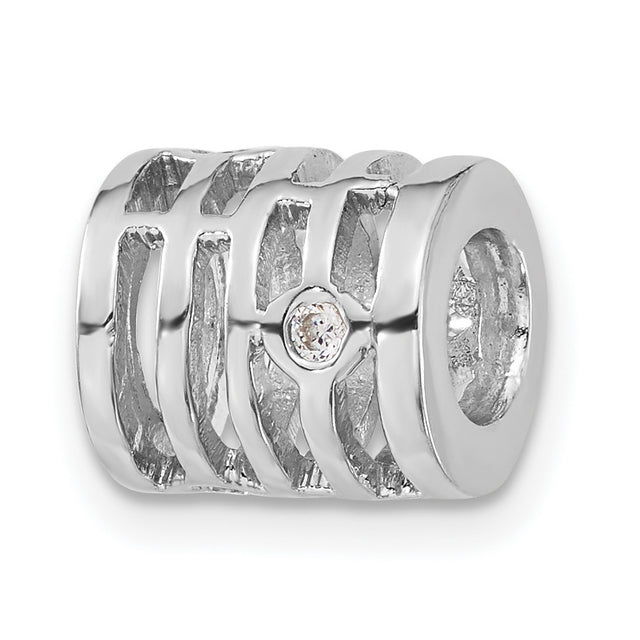 Sterling Silver Charm Bead with Cubic Zirconia, Openwork Linear Design, Modern Minimalist Style