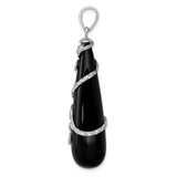 Sterling Silver Teardrop Pendant with Onyx, Leaf and Vine Design, Textured Detailing