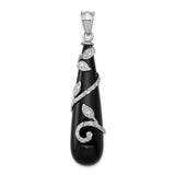 Sterling Silver Teardrop Pendant with Onyx, Leaf and Vine Design, Textured Detailing