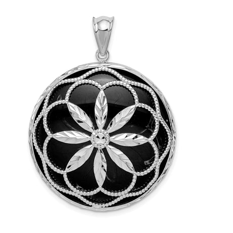 Sterling Silver Mandala Pendant with Onyx, Floral Petal Design and Beaded Detail