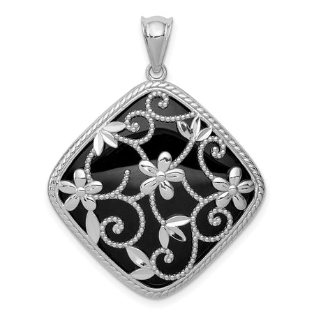 Textured and Onyx Charm Pendant in Real 925 Sterling Silver