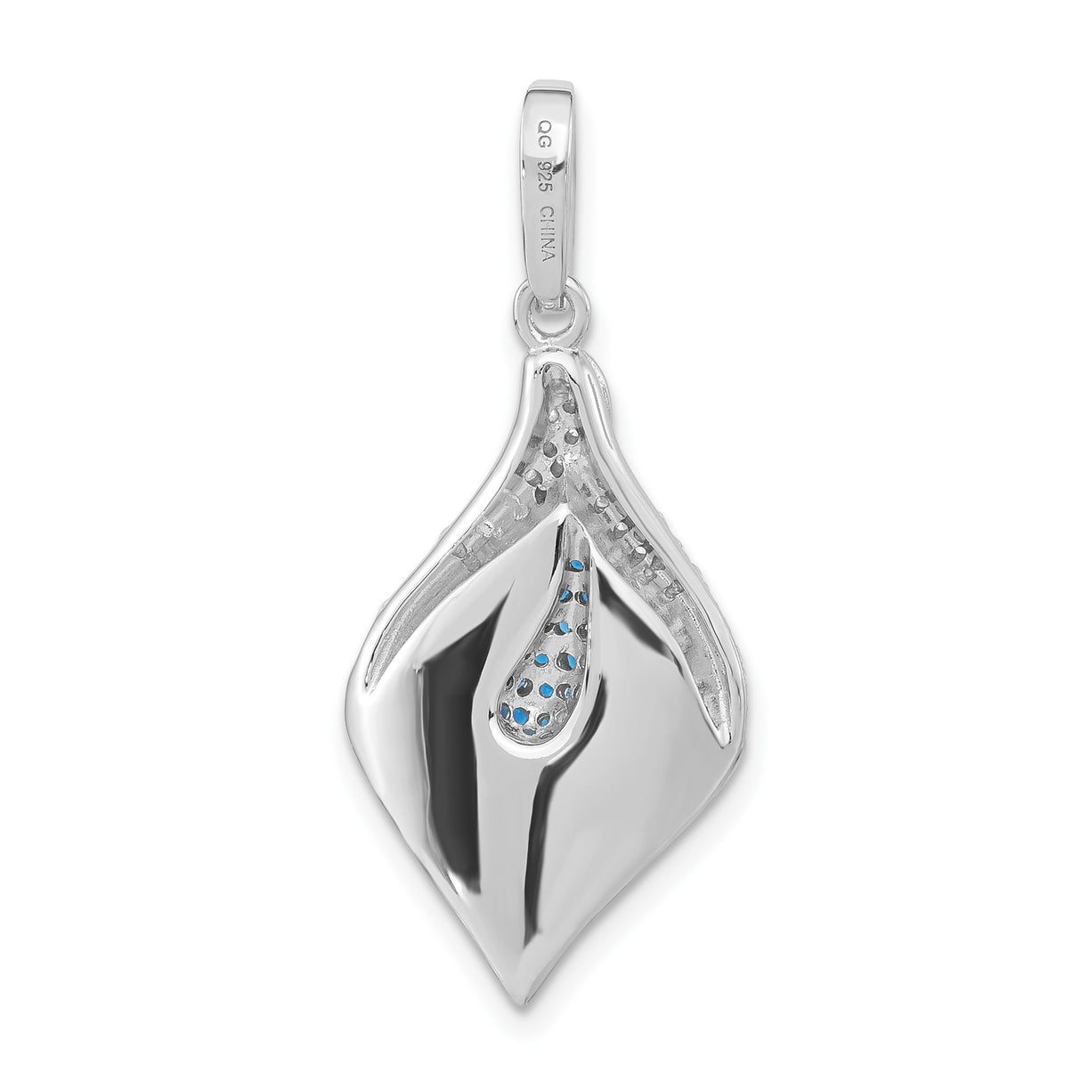 Sterling Silver Pendant with Blue and White Cubic Zirconia, Abstract Floral Teardrop Design