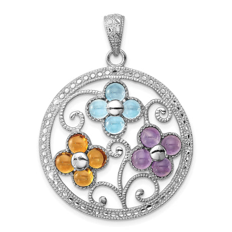Sterling Silver Pendant with Citrine and Swiss Blue Topaz, Floral Swirl Filigree Design