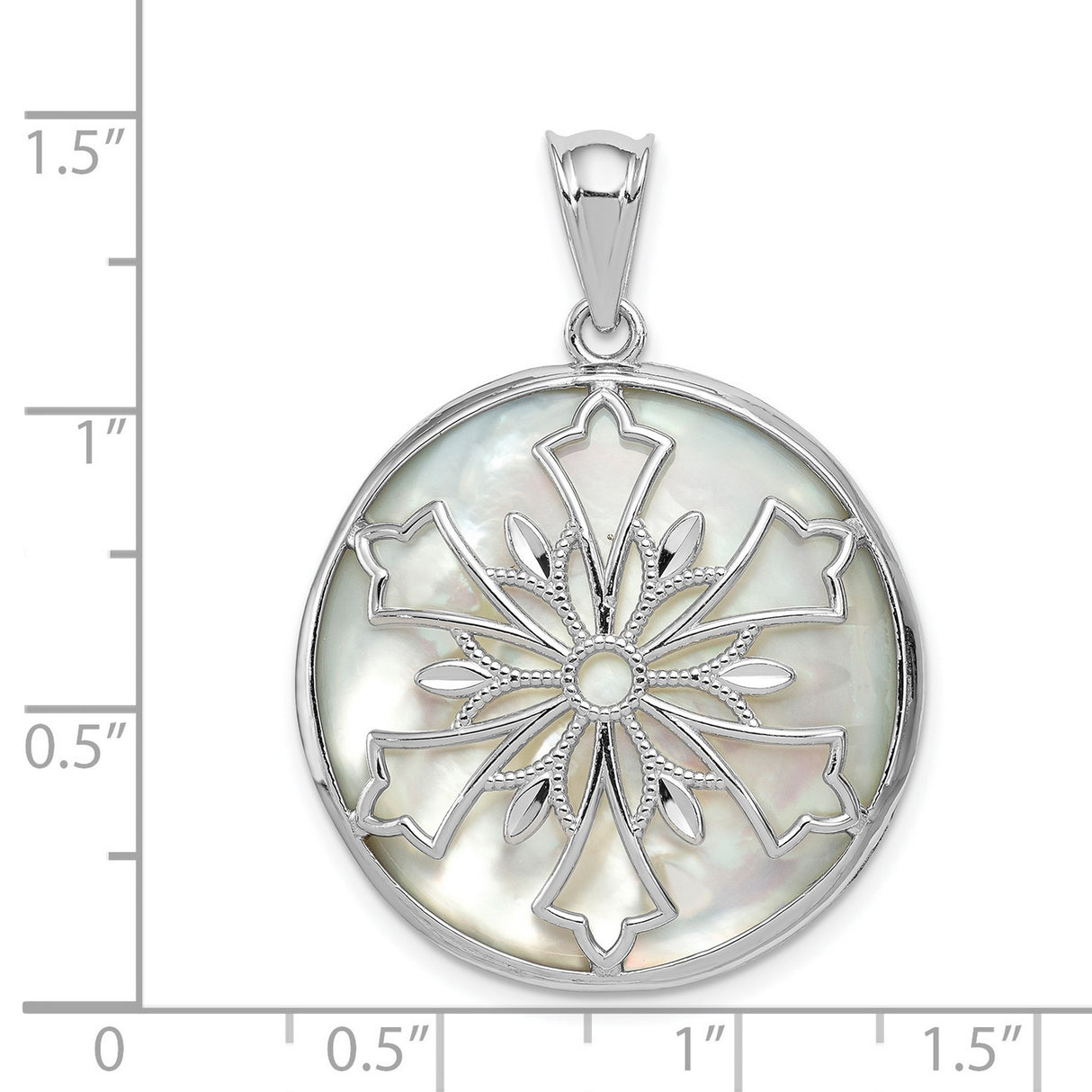 Sterling Silver Round Pendant with Mother-of-Pearl and Onyx, Floral Cross Design