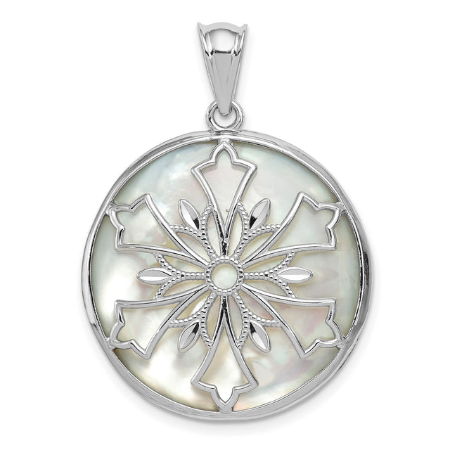 Sterling Silver Round Pendant with Mother-of-Pearl and Onyx, Floral Cross Design