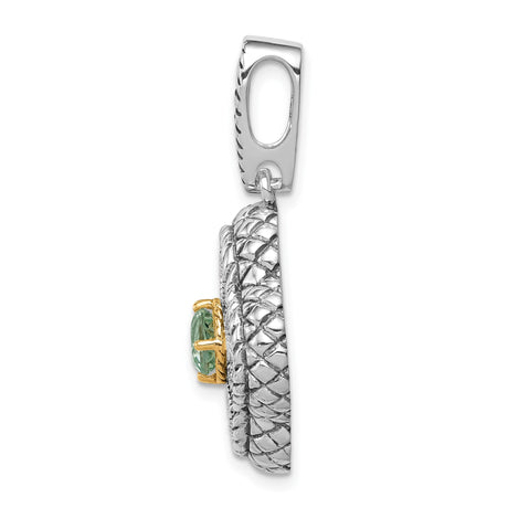 Sterling Silver Pendant with Cubic Zirconia and Prasiolite, Two Tone Floral Filigree Design