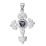 Sterling Silver Cross Pendant with Amethyst, Filigree Openwork and Vintage Baroque Design