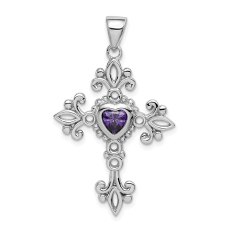 Sterling Silver Cross Pendant with Amethyst, Filigree Openwork and Vintage Baroque Design