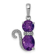 Amethyst and Diamond Cat Charm Pendant in Real 925 Sterling Silver