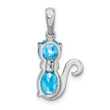 Blue Topaz and Diamond Cat Charm Pendant in Real 925 Sterling Silver
