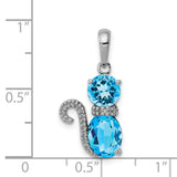 Blue Topaz and Diamond Cat Charm Pendant in Real 925 Sterling Silver