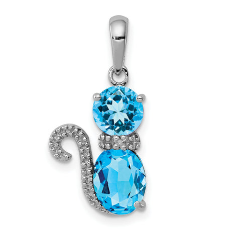 Blue Topaz and Diamond Cat Charm Pendant in Real 925 Sterling Silver