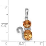 Citrine and Diamond Cat Charm Pendant in Real 925 Sterling Silver