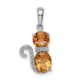 Citrine and Diamond Cat Charm Pendant in Real 925 Sterling Silver