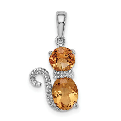 Citrine and Diamond Cat Charm Pendant in Real 925 Sterling Silver