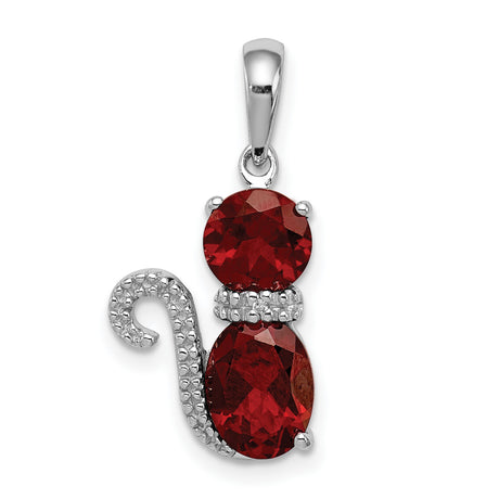 Garnet and Diamond Cat Charm Pendant in Real 925 Sterling Silver