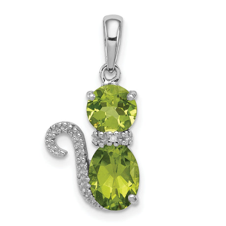Peridot and Diamond Cat Charm Pendant in Real 925 Sterling Silver