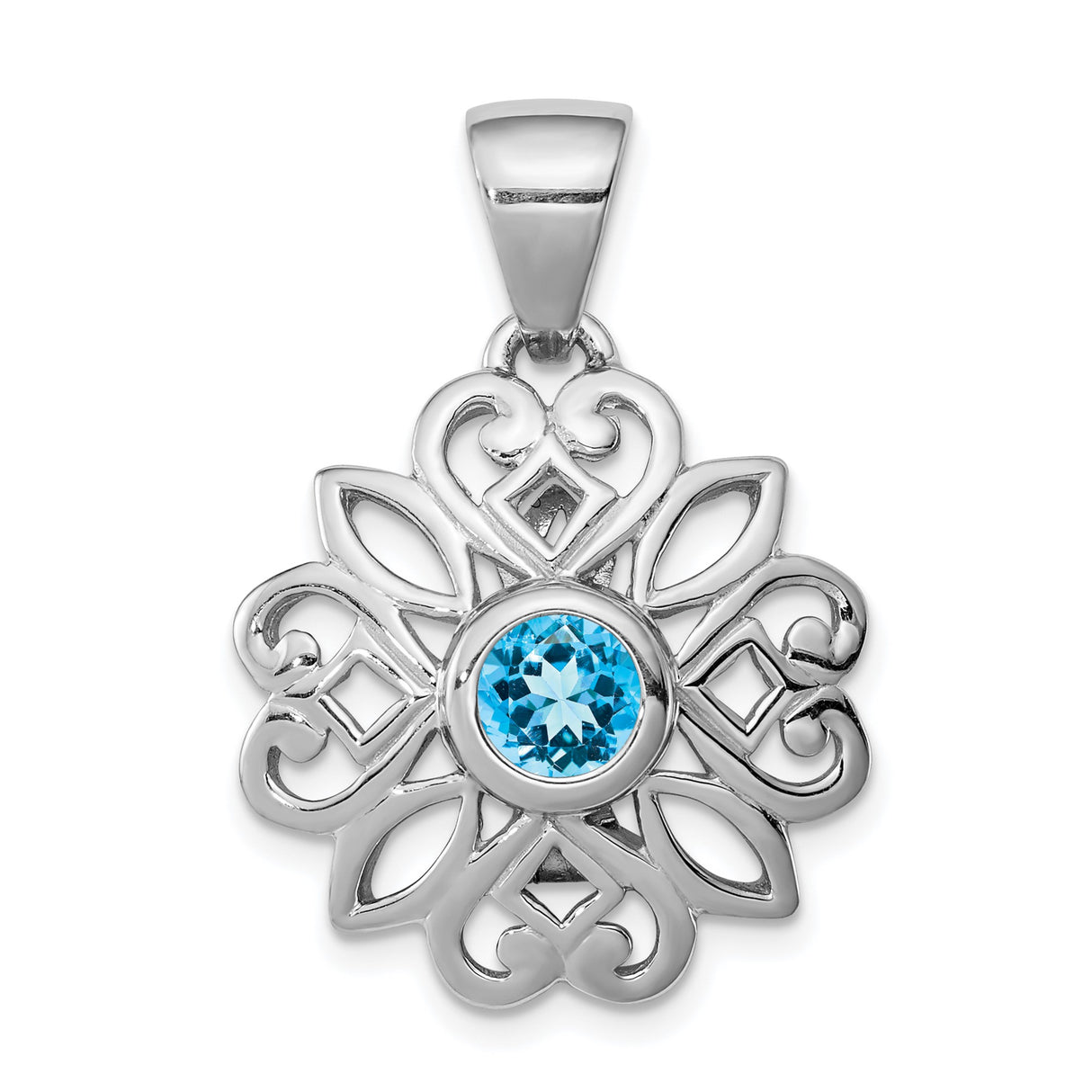 Sterling Silver Pendant with Swiss Blue Topaz, Mandala Floral Design, Celtic Knotwork