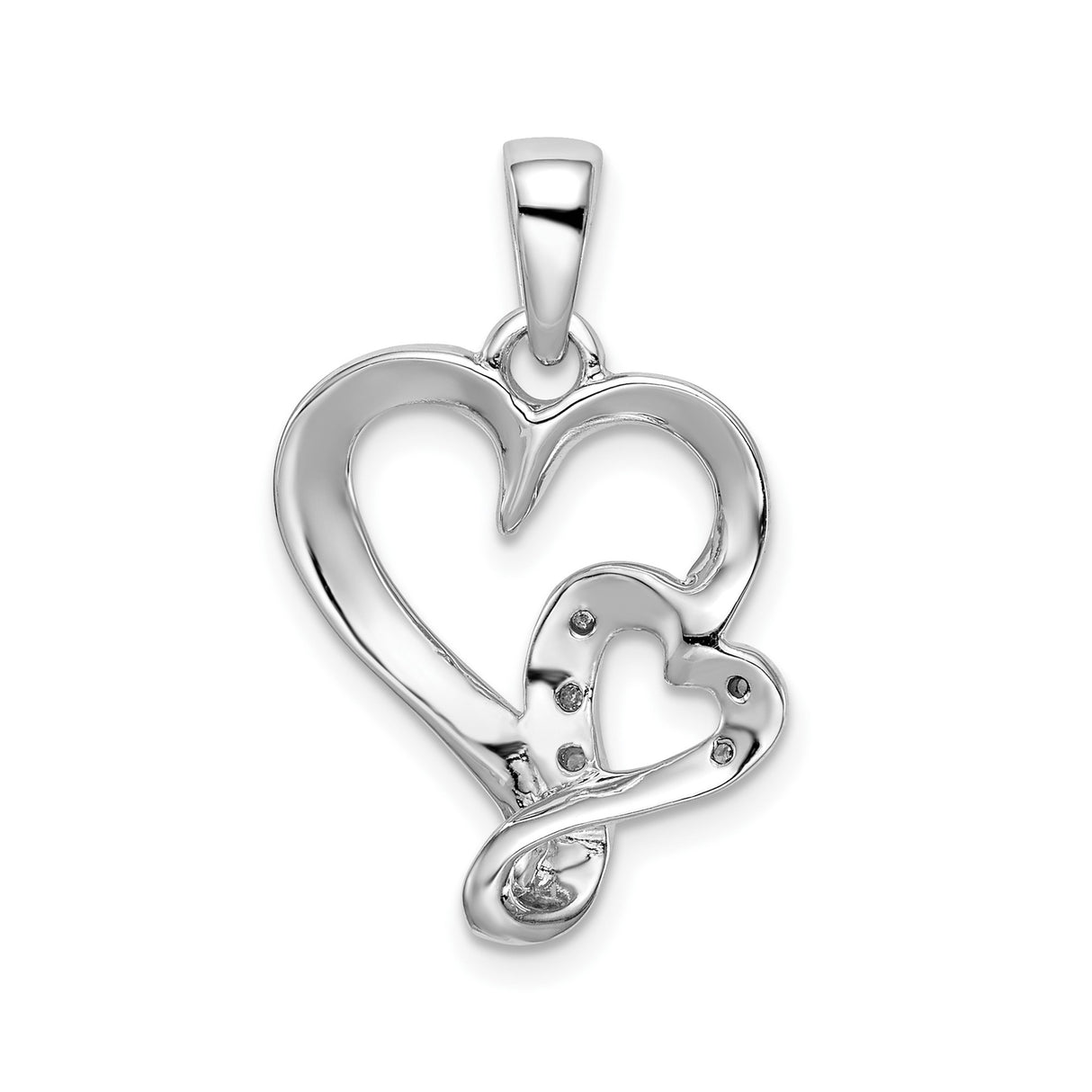 Sterling Silver Heart Pendant with Cubic Zirconia Accents, Double Open Heart Design for Women