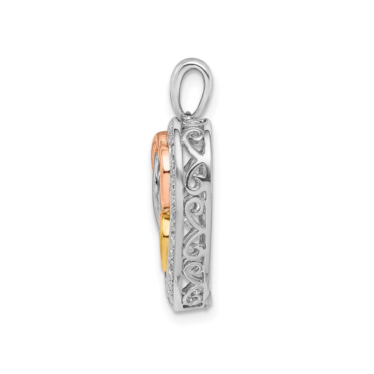 Sterling Silver Heart Pendant with Diamond Accents and Interlocking Tri-Color Hearts for Women