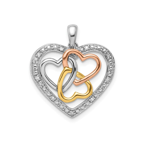 Sterling Silver Heart Pendant with Diamond Accents and Interlocking Tri-Color Hearts for Women