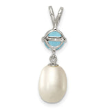 Blue Topaz and 8 9mm Cultured Pearl Teardrop Charm Pendant in Real 925 Sterling Silver