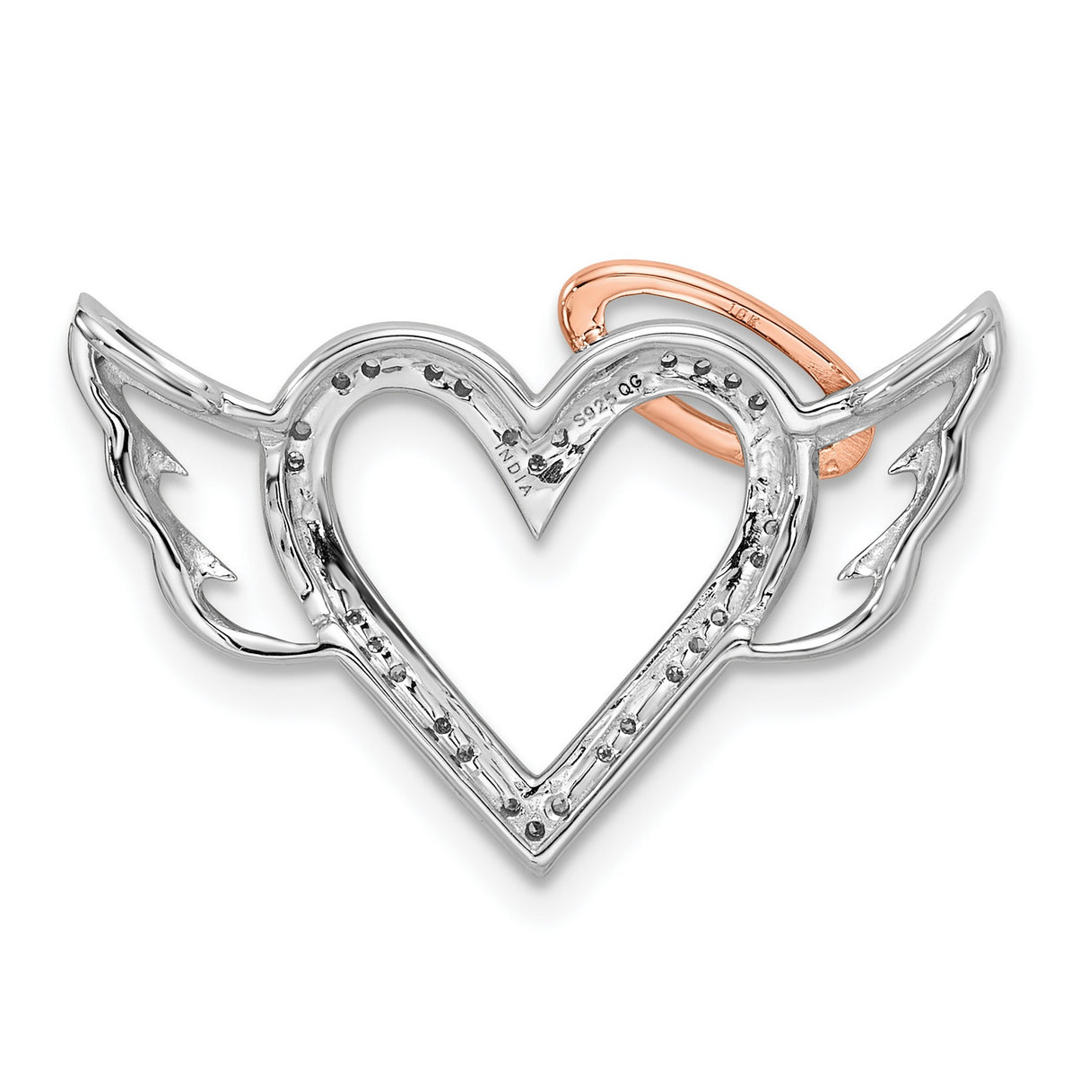 Sterling Silver Heart Pendant with Angel Wings, Rose Gold Halo, Diamond Accents