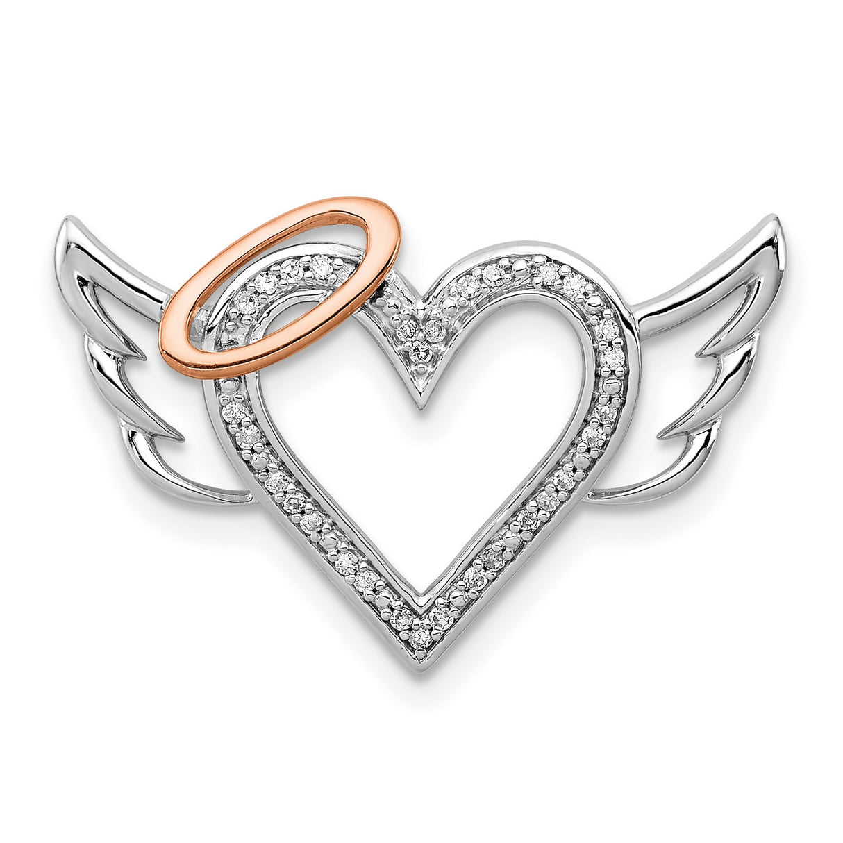 Sterling Silver Heart Pendant with Angel Wings, Rose Gold Halo, Diamond Accents