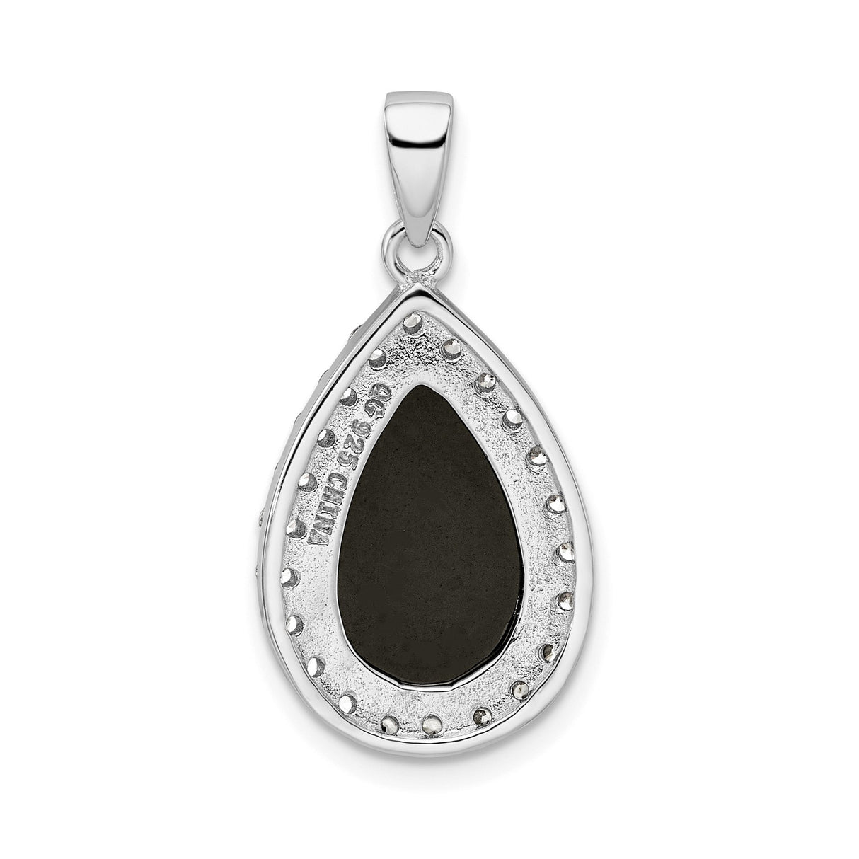 Sterling Silver Teardrop Pendant with Black Onyx Center and Cubic Zirconia Halo