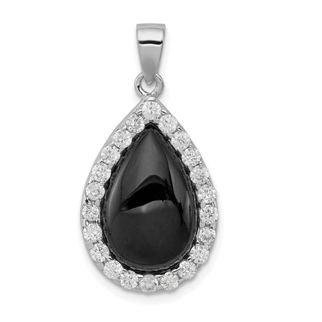 Sterling Silver Teardrop Pendant with Black Onyx Center and Cubic Zirconia Halo
