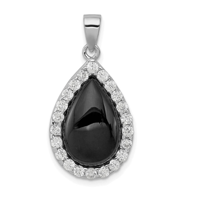 Sterling Silver Teardrop Pendant with Black Onyx Center and Cubic Zirconia Halo