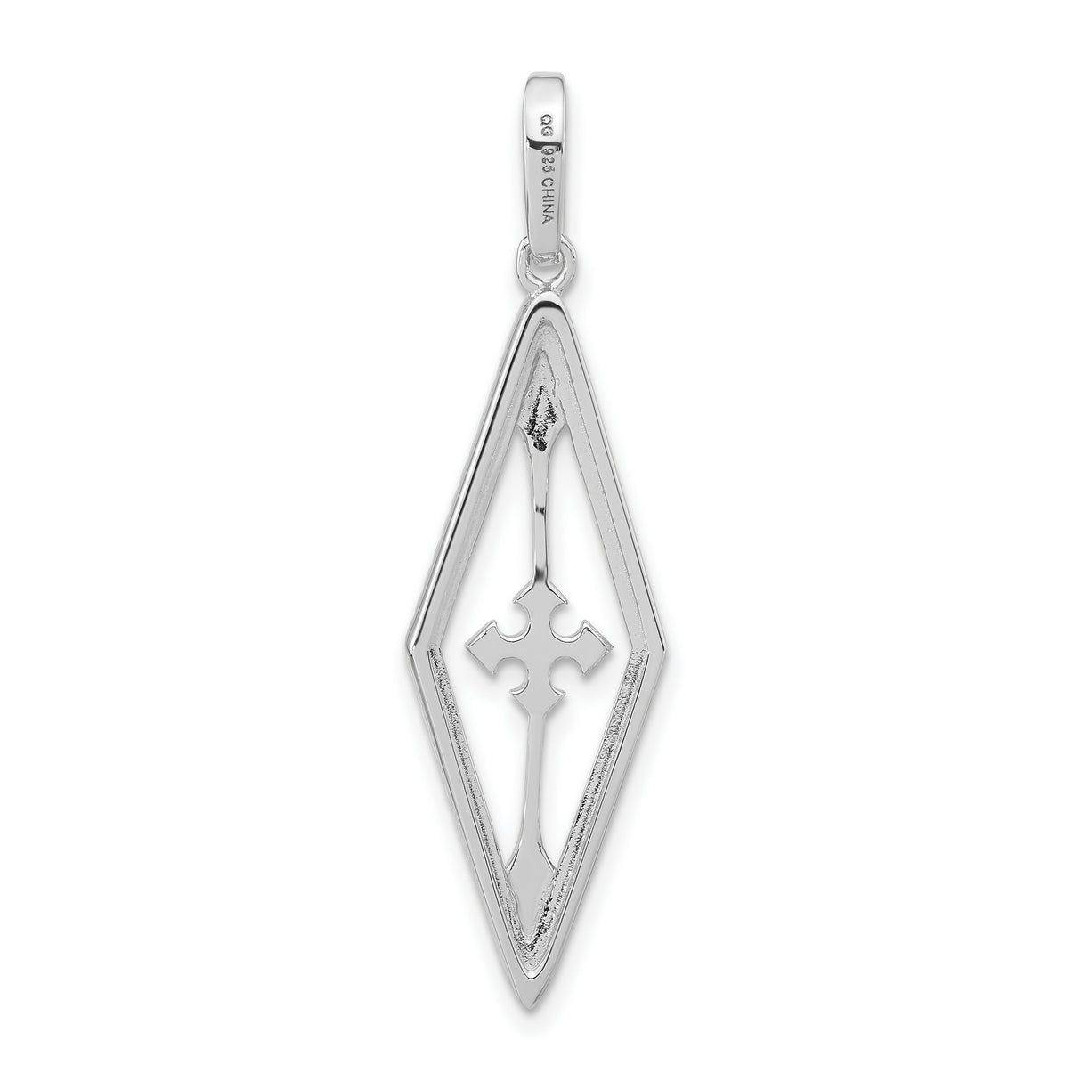 Sterling Silver Cross Pendant with Cubic Zirconia, Elongated Cut-Out Christian Design