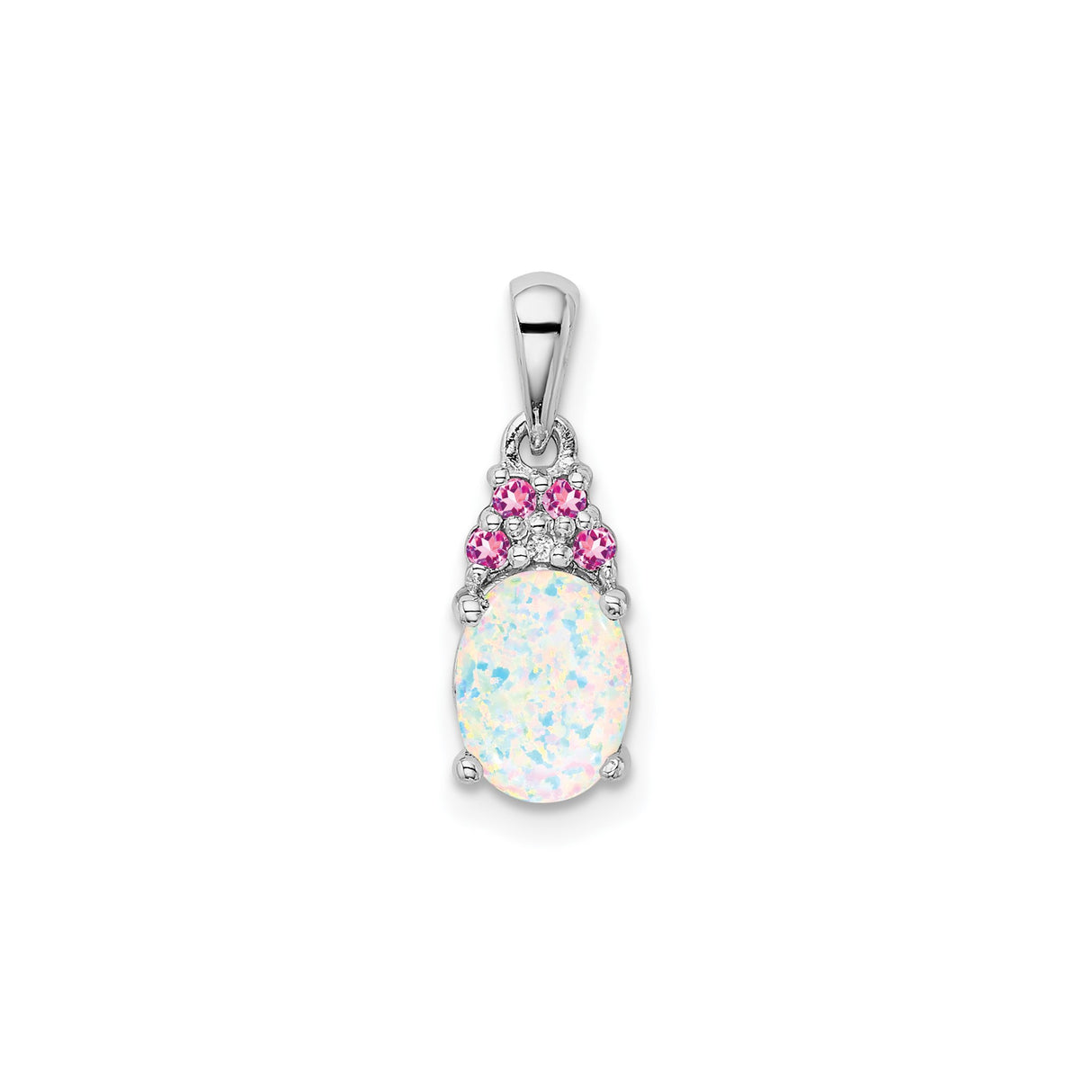 Sterling Silver Pendant with Oval Lab Created Opal and Pink Cubic Zirconia Accents