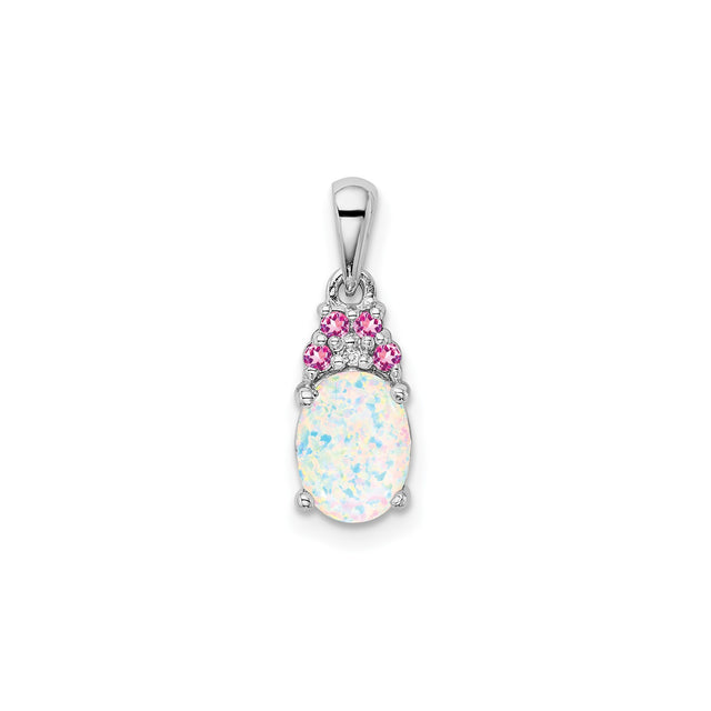 Sterling Silver Pendant with Oval Lab Created Opal and Pink Cubic Zirconia Accents