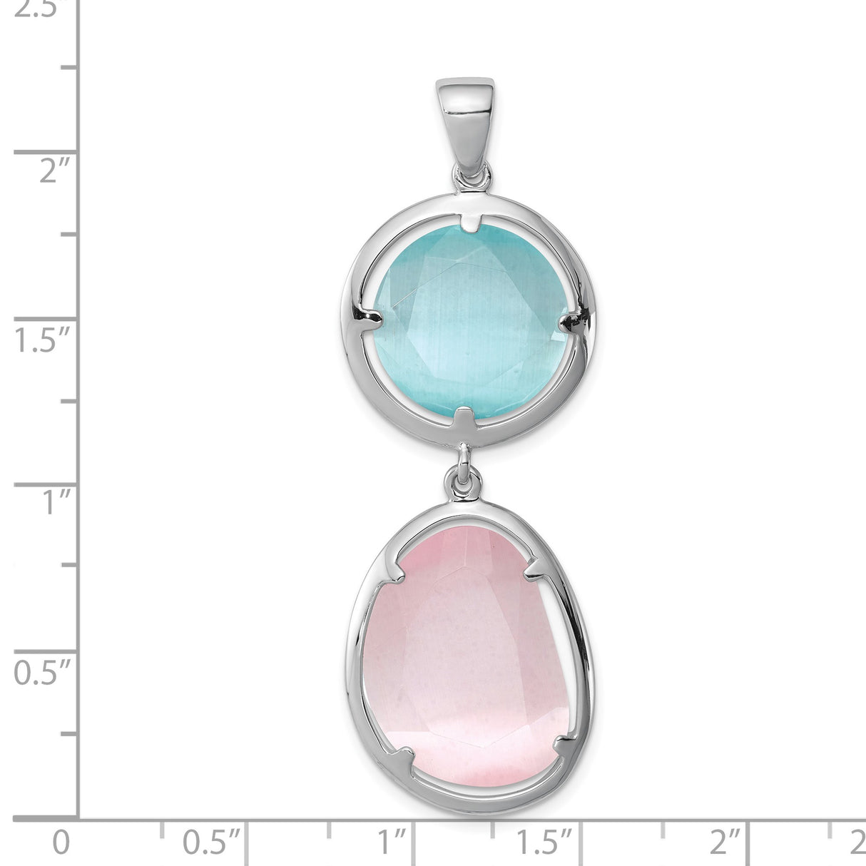 Sterling Silver Pendant with Aqua Blue Round and Light Pink Oval Cats Eye Gemstones