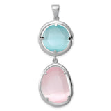 Sterling Silver Pendant with Aqua Blue Round and Light Pink Oval Cats Eye Gemstones