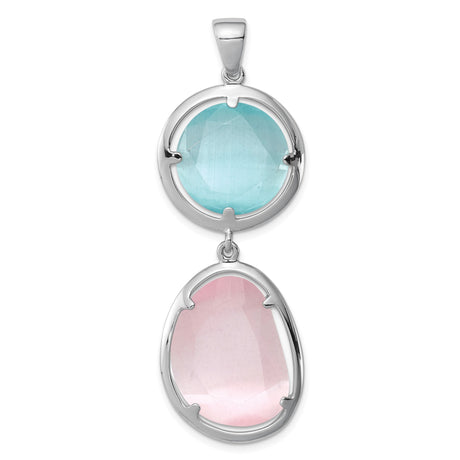 Sterling Silver Pendant with Aqua Blue Round and Light Pink Oval Cats Eye Gemstones