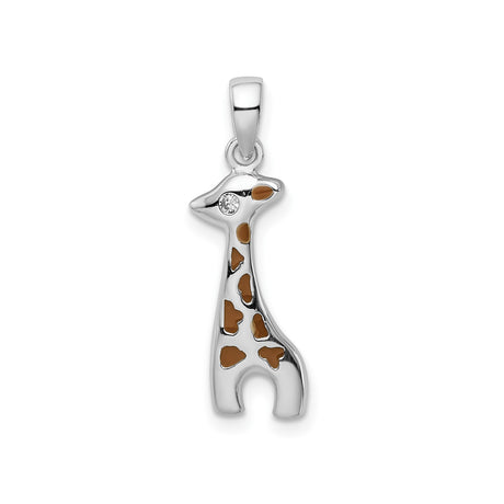 Sterling Silver Giraffe Pendant with Cubic Zirconia Eye and Brown Enamel Spots, Animal Motif