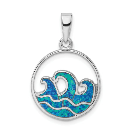 Sterling Silver Ocean Wave Pendant with Blue Green Lab Created Opal Inlay, Nautical Style