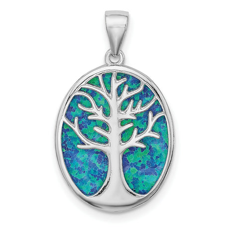 Created Opal Tree Of Life Symbol Oval Charm Pendant in Real 925 Sterling Silver