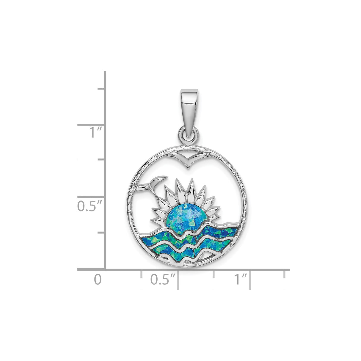 Sterling Silver Pendant with Lab Created Blue Opal, Sunrise, Ocean Wave and Bird Design