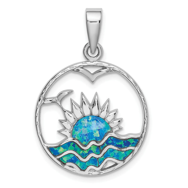Sterling Silver Pendant with Lab Created Blue Opal, Sunrise, Ocean Wave and Bird Design