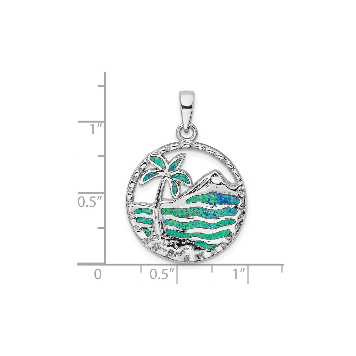 Sterling Silver Pendant with Lab Created Opal, Palm Tree and Ocean Wave Design