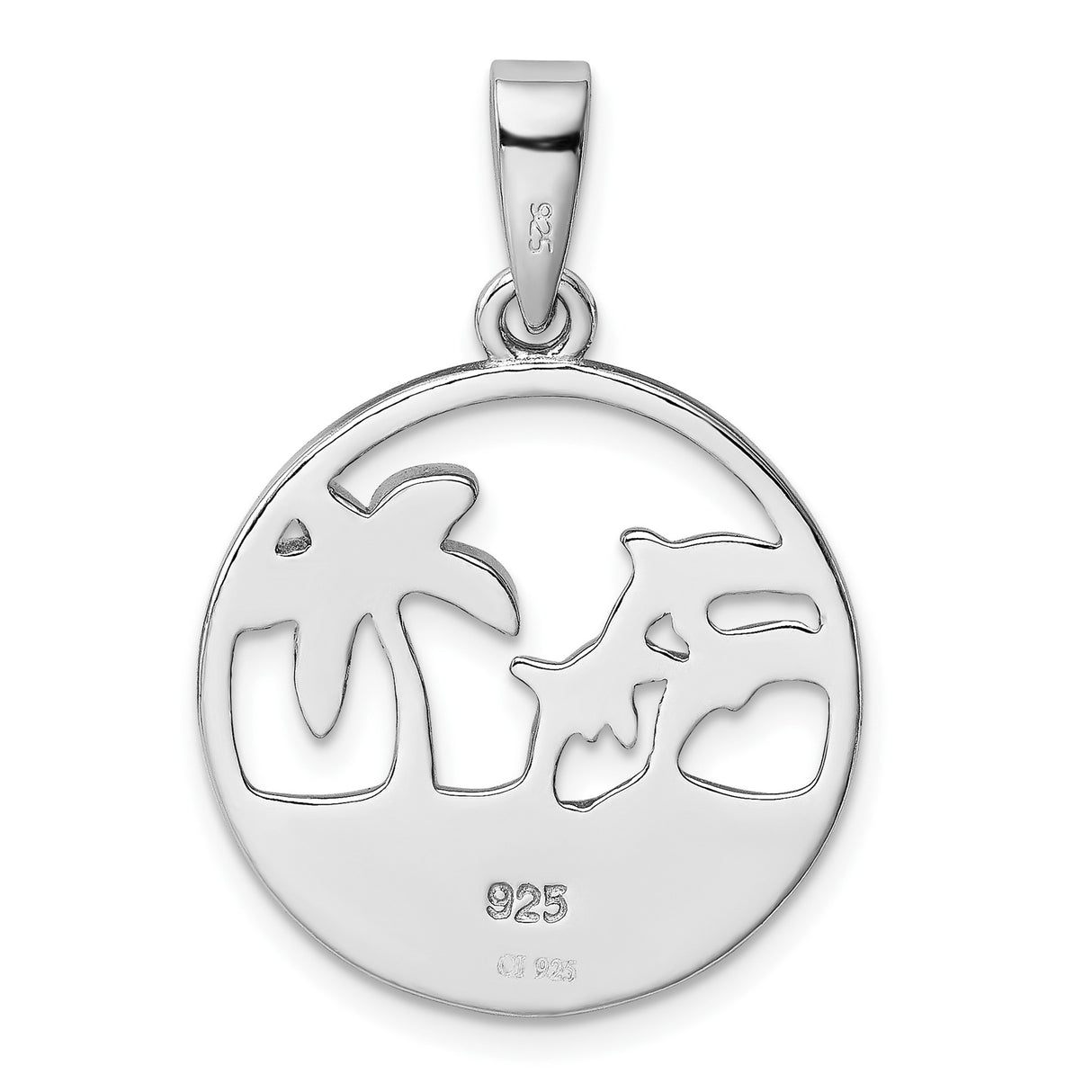 Sterling Silver Dolphin Pendant with Lab Created Blue Opal, Palm Tree and Wave Design