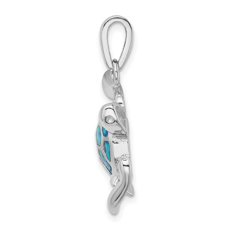 Sterling Silver Turtle Pendant with Lab Created Blue Opal Inlay, Nautical Ocean Theme